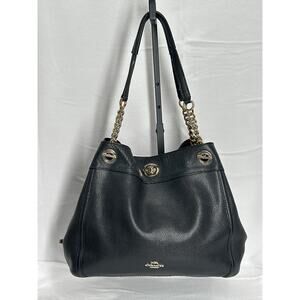 COACH Original Pebbled Turnlock Chain 3 Compartment Tote Shoulder Bag Black/Gld